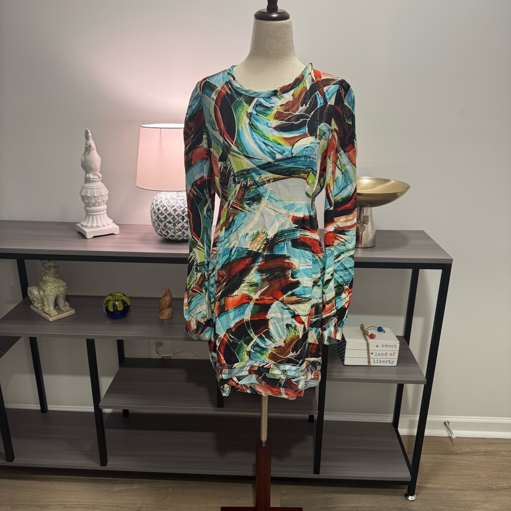 🖤 Ali Ro 100% Silk Abstract Ruched Mini Dress – Multicolor (Size 8)